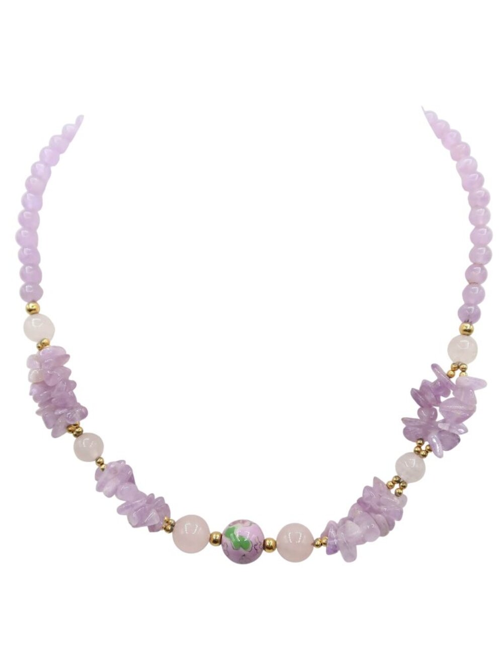 Pale Purple Quartz & Cloisonne Beaded Choker Necklace 17.5" Boho Stone